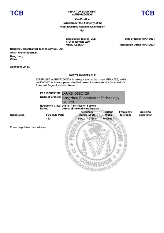 FCC certificate of DSBC 120 ble beacon card